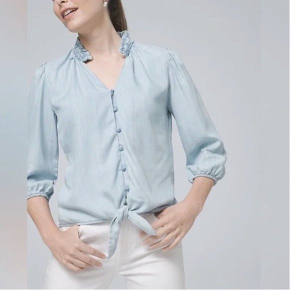 White House Black Market Tops - WHBM 3/4-Sleeve Tie-Front Silky-Soft Denim Top S